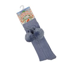 S355-DB: Dusty Blue Knee Length Socks w/Pom Pom (0-24 Months)